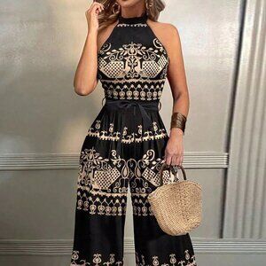 Black Boho Women's Backless Halter Belted Jumpsuit